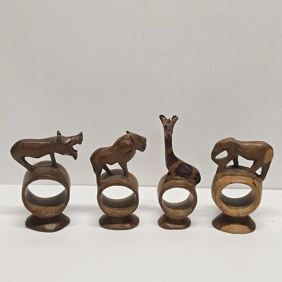 African Wood Carved Safari Animal Napkin Rings jungle theme Made In Kenya VTG - Picture 4 of 8